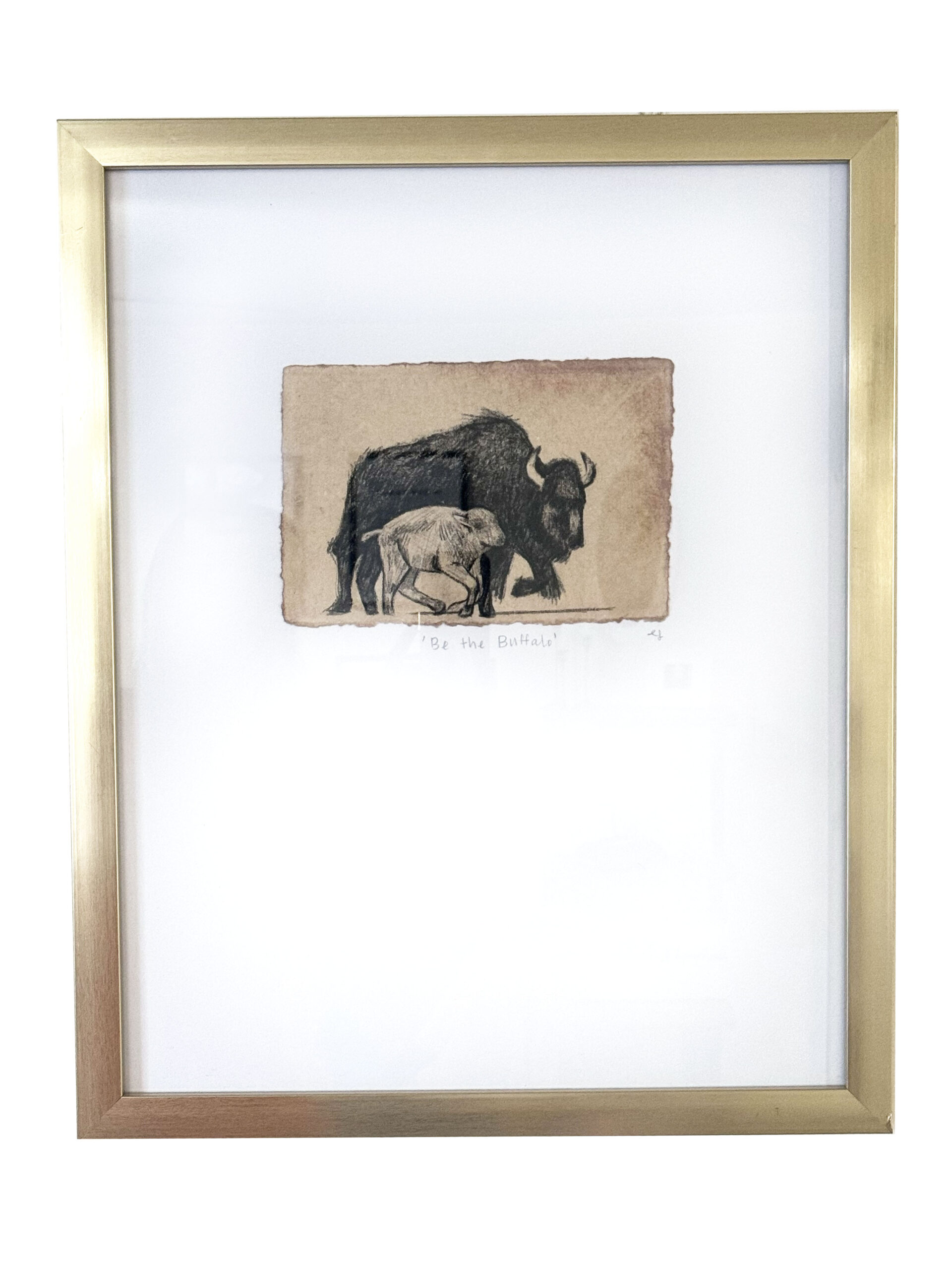 buffalo bison and baby running walking into storm charcoal sketch on antique art paper